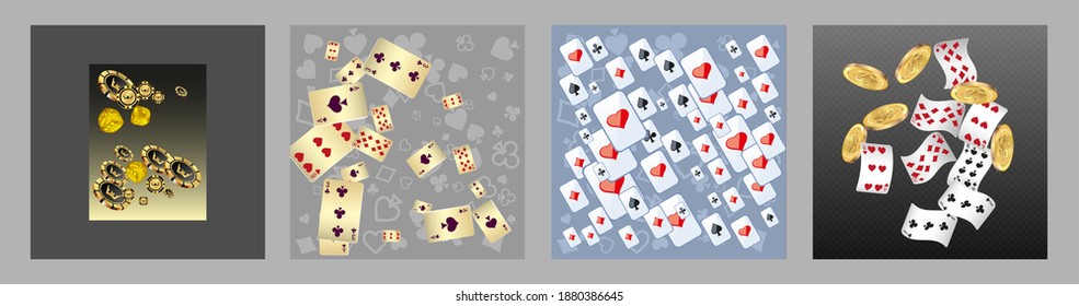 Set of casino banners. Casino game cards are falling. Dice rain. Template for advertising parties, events in Vegas. Vector illustration