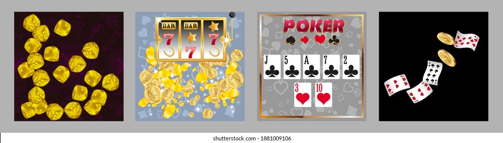 Set of casino banners. Casino game cards are falling. Dice rain. Template for advertising parties, events in Vegas. Vector illustration