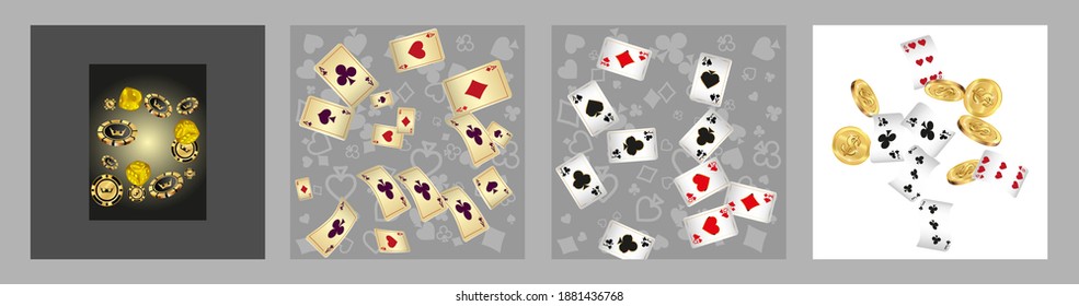 Set of casino banners. Casino game cards are falling. Dice rain. Template for advertising parties, events in Vegas. Vector illustration