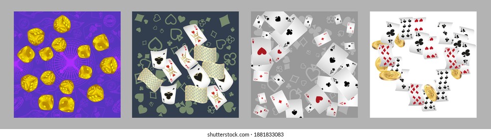 Set of casino banners. Casino game cards are falling. Dice rain. Template for advertising parties, events in Vegas. Vector illustration