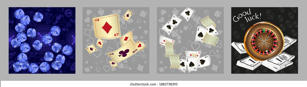 Set of casino banners. Casino game cards are falling. Dice rain. Template for advertising parties, events in Vegas. Vector illustration
