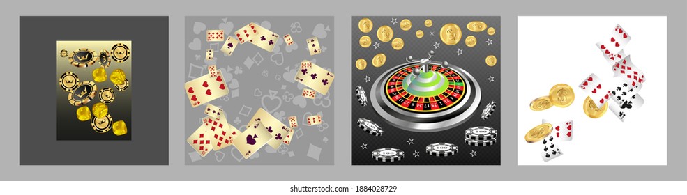 Set of casino banners. Casino game cards are falling. Dice rain. Template for advertising parties, events in Vegas. Vector illustration