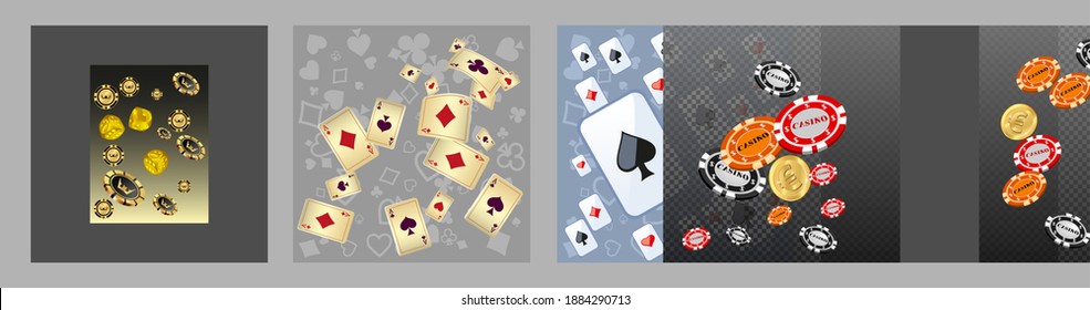 Set of casino banners. Casino game cards are falling. Dice rain. Template for advertising parties, events in Vegas. Vector illustration