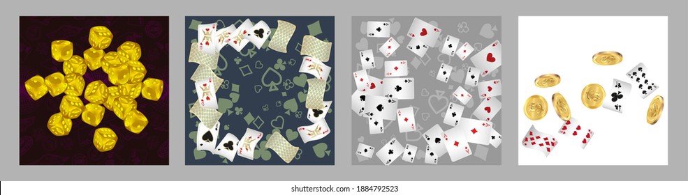 Set of casino banners. Casino game cards are falling. Dice rain. Template for advertising parties, events in Vegas. Vector illustration