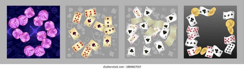 Set of casino banners. Casino game cards are falling. Dice rain. Template for advertising parties, events in Vegas. Vector illustration