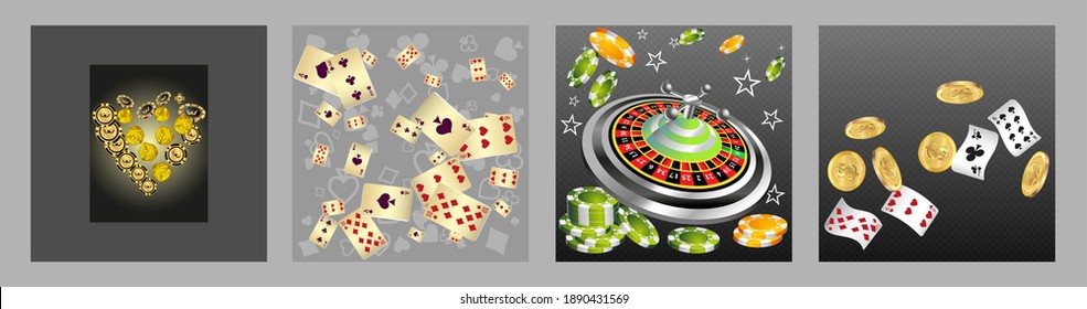 Set of casino banners. Casino game cards are falling. Dice rain. Template for advertising parties, events in Vegas. Vector illustration