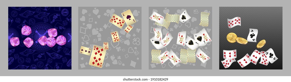 Set of casino banners. Casino game cards are falling. Dice rain. Template for advertising parties, events in Vegas. Vector illustration