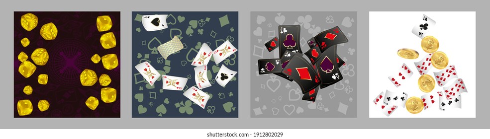 Set of casino banners. Casino game cards are falling. Dice rain. Template for advertising parties, events in Vegas. Vector illustration