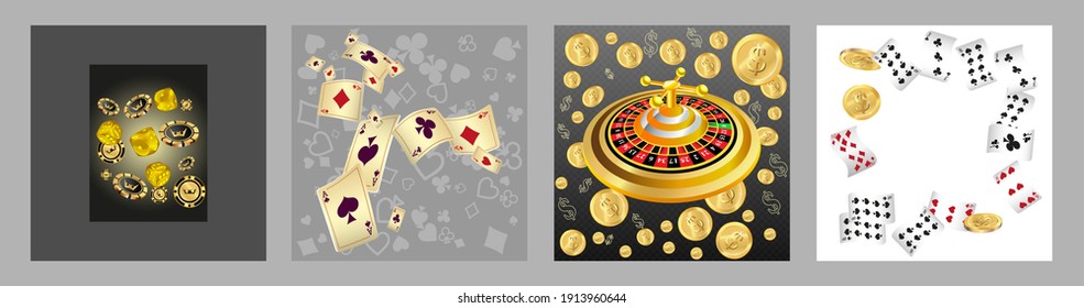 Set of casino banners. Casino game cards are falling. Dice rain. Template for advertising parties, events in Vegas. Vector illustration