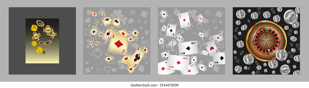 Set of casino banners. Casino game cards are falling. Dice rain. Template for advertising parties, events in Vegas. Vector illustration