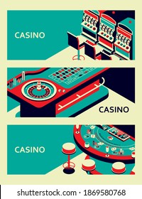 Set Of Casino Banners. Roulette Table, Slot Machine And Black Jack. Vector Illustration.