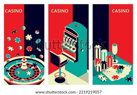 Set of casino banners. Roulette table and slot machine. Chips, drink and ace cards. Vector illustration.