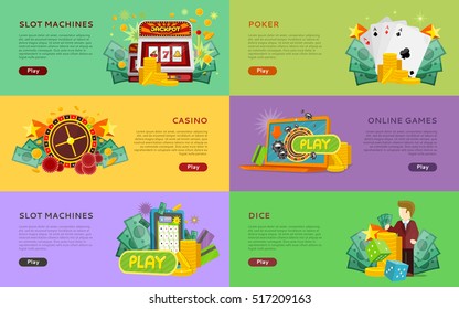 Set of casino banners. Slot machines, pocker, online games, dice casino banners. Online play concept set. Design for web banners, websites, printed materials, infographics. Creative vector