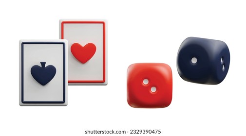 Set of casino black and red dices and cards 3D style, vector illustration isolated on white background. Realistic paper cards with spade and heart suits, design elements collection, gambling