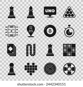 Set Casino chip, Board game of checkers, Stopwatch, Uno card, Chess, Hockey table,  and Billiard pool snooker ball icon. Vector