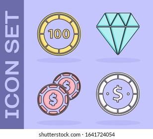 Set Casino chip with dollar, Casino chips, Casino chip with dollar and Diamond icon. Vector
