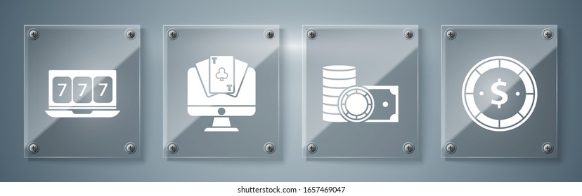Set Casino chip with dollar, Casino chips and stacks money cash, Online poker table game and Online slot machine with lucky sevens jackpot. Square glass panels. Vector
