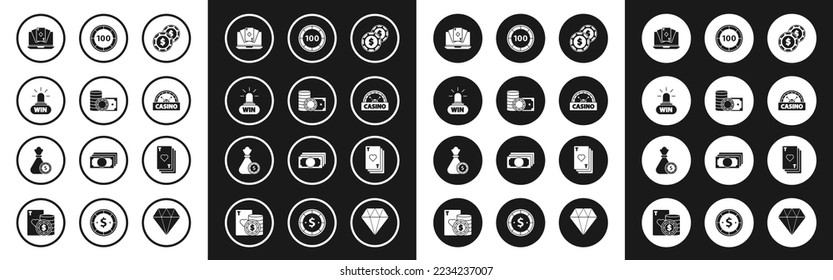 Set Casino chip with dollar, chips and stacks money cash, win, Online poker table game, signboard, Playing card heart and Money bag casino icon. Vector