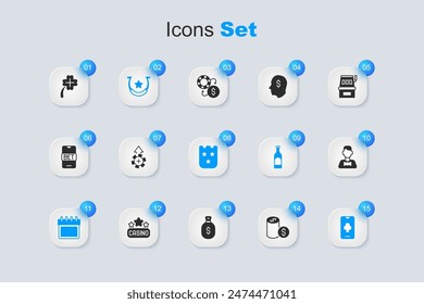 Set Casino chip with dollar, chips, Horseshoe, Calendar, Online poker table game, dealer, slot machine clover and Lottery ticket icon. Vector