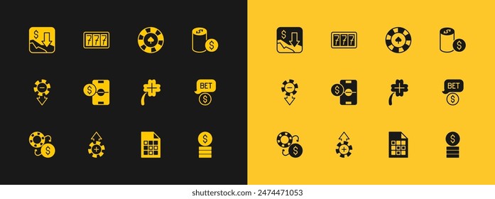 Set Casino chip with dollar, chips, slot machine clover, Lottery ticket, Football betting money, Financial growth decrease and Slot jackpot icon. Vector