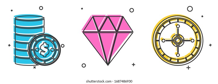 Ponga un chip de Casino con el icono de la rueda de la ruleta del Diamante y del Casino. Vector
