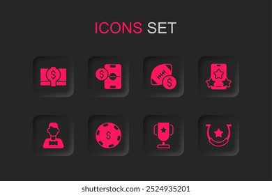 Set Casino chip with dollar, Football betting money, Stacks paper cash, poker trophy cup, Online sports, Horseshoe, American football and dealer icon. Vector