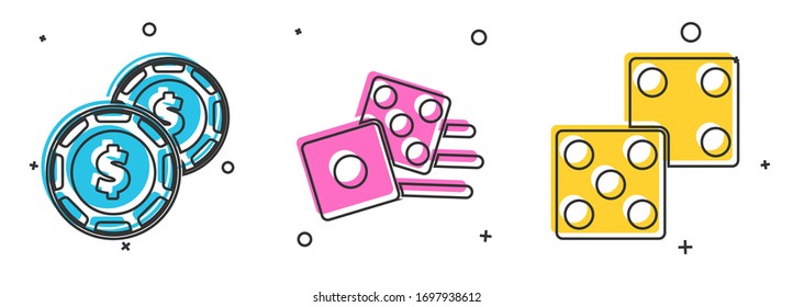 Set Casino chip with dollar, Game dice and Game dice icon. Vector