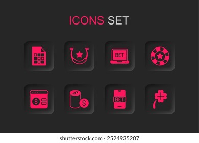 Set Casino chip with dollar, Horseshoe, Lottery ticket, Online sports betting, chips, slot machine clover,  and poker table game icon. Vector