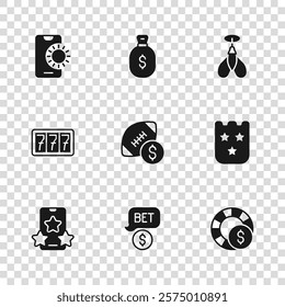 Set Casino chip with dollar, Lottery ticket, chips, American football betting money, Dart arrow, Online sports, Money bag and Slot machine jackpot icon. Vector