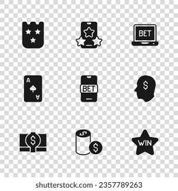 Set Casino chip with dollar, Lucky player, win, Online sports betting, Lottery ticket,  and Playing card spades symbol icon. Vector