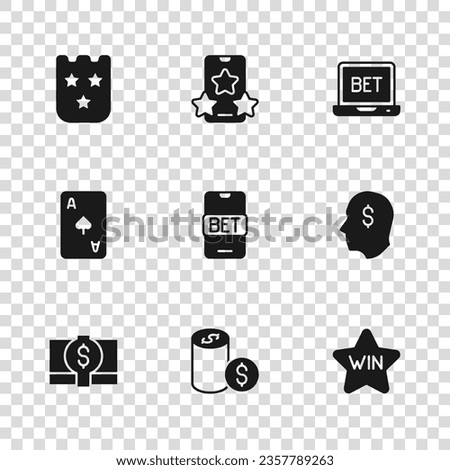 Set Casino chip with dollar, Lucky player, win, Online sports betting, Lottery ticket,  and Playing card spades symbol icon. Vector