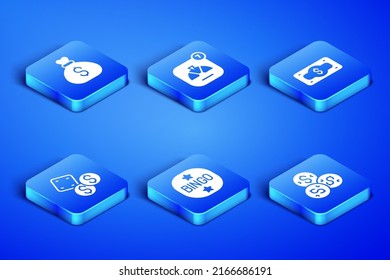 Set Casino chip with dollar, Money bag, Bingo, Game dice, Lucky wheel and Stacks paper money cash icon. Vector