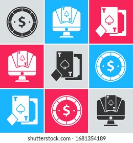 Set Casino chip with dollar, Online poker table game and Playing card with spades icon. Vector