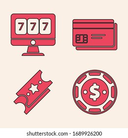 Set Casino chip with dollar, Online slot machine with lucky sevens jackpot, Credit card and Lottery ticket icon. Vector