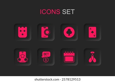 Set Casino chip with dollar, Online sports betting, Lottery ticket, Calendar, Playing card spades symbol, Dart arrow, clubs and  icon. Vector