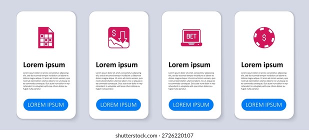Definir chip Casino com dólar, apostas esportivas on-line, diminuição do crescimento financeiro e bilhete de loteria. Modelo de infográfico comercial. Vetor