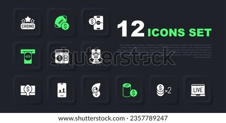 Set Casino chip with dollar, Online poker table game, Automated teller machine and money, sports betting, American football and Hand holding casino chips icon. Vector