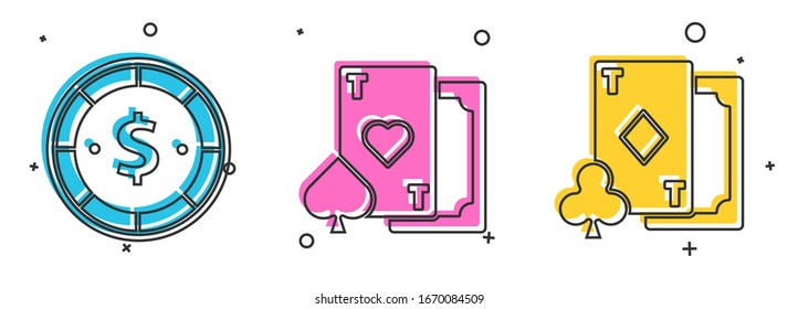 Set Casino chip with dollar, Playing card with heart and Playing card with diamonds icon. Vector