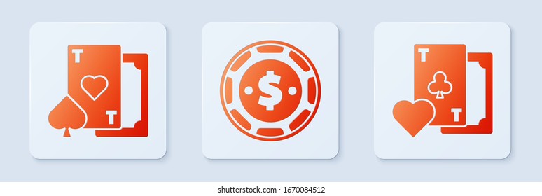 Set Casino chip with dollar, Playing card with heart and Playing card with clubs symbol. White square button. Vector
