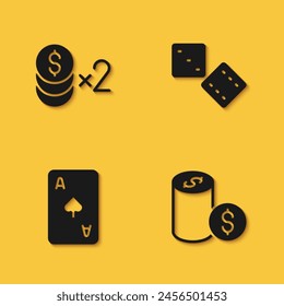 Set Casino chip with dollar, Playing card spades symbol and Game dice icon with long shadow. Vector