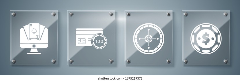 Setzen Sie den Casino-Chip mit Dollar, Casino Roulette-Rad, Kreditkarte und Online-Poker-Tischspiel. Viereckige Glasplatten. Vektorillustration