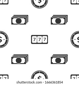 Set Casino chip with dollar, Slot machine with lucky sevens jackpot and Stacks paper money cash on seamless pattern. Vector