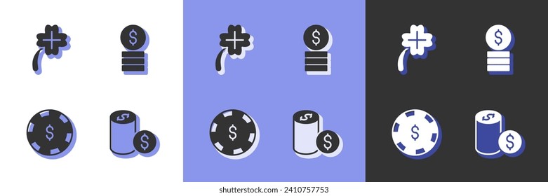 Set Casino chip with dollar, slot machine clover,  and  icon. Vector