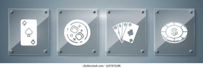 Set Casino chip with dollar symbol, Playing cards, Glass of whiskey and ice cubes and Playing card with spades symbol. Square glass panels. Vector