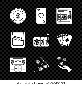 Set Casino chip with dollar symbol, Online slot machine, poker table game, Stick for chips, Hand holding casino, Glass of whiskey ice cubes and Slot lucky sevens jackpot icon. Vector