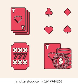 Set Casino chip and playing cards, Playing card with heart, Playing cards and Slot machine with lucky sevens jackpot icon. Vector