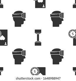 Set Casino chip and playing cards, Dumbbell and Virtual reality glasses on seamless pattern. Vector