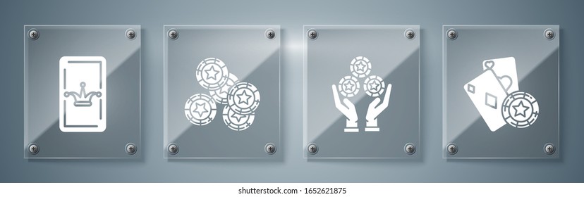 Set Casino chip and playing cards, Hand holding casino chips, Casino chips and Joker playing card. Square glass panels. Vector