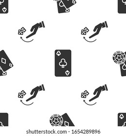Set Casino chip and playing cards, Playing card with clubs symbol and Human hand throwing game dice on seamless pattern. Vector