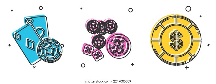 Set Casino chip and playing cards, Casino chips, game dice and glass of whiskey with ice cubes and Casino chip with dollar symbol icon. Vector